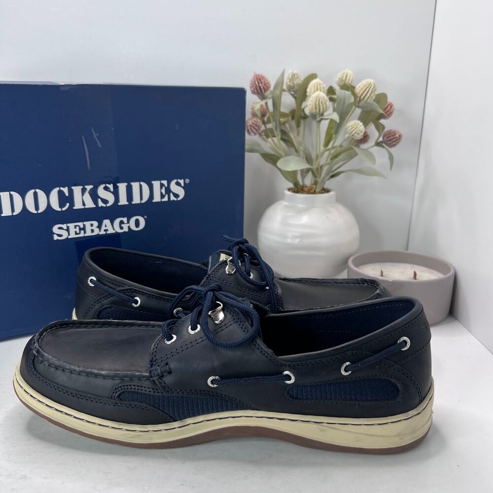 Sebago Docksides Leather Upper Boat Shoes Lace Up Navy Blue Men's 13R Tried On - Picture 5 of 10